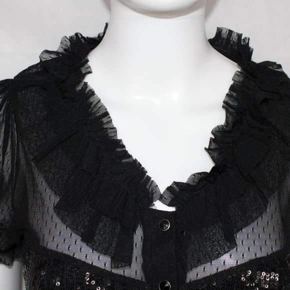 Forever 21 Women's See-thru Blouse Lace Ruffles Sequin Button Up Black Medium - Picture 4 of 9